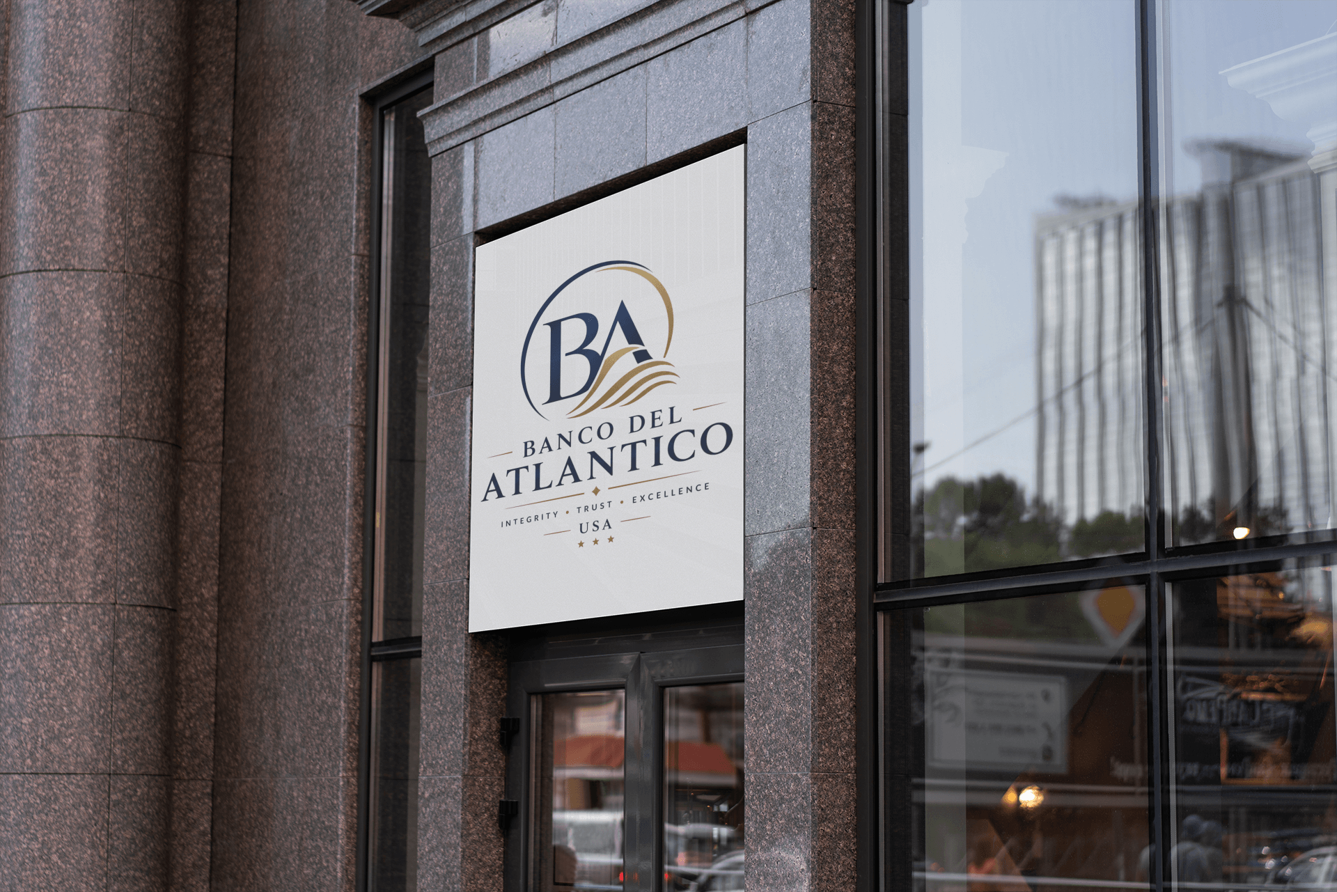 Banco Del Atlantico signage on the facade of a modern corporate building